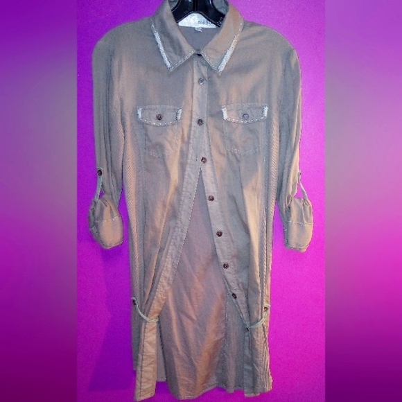 Miilla Clothing Dresses & Skirts - Miilla Long Button Top or Dress.Army Green. Button sides to pull open front look